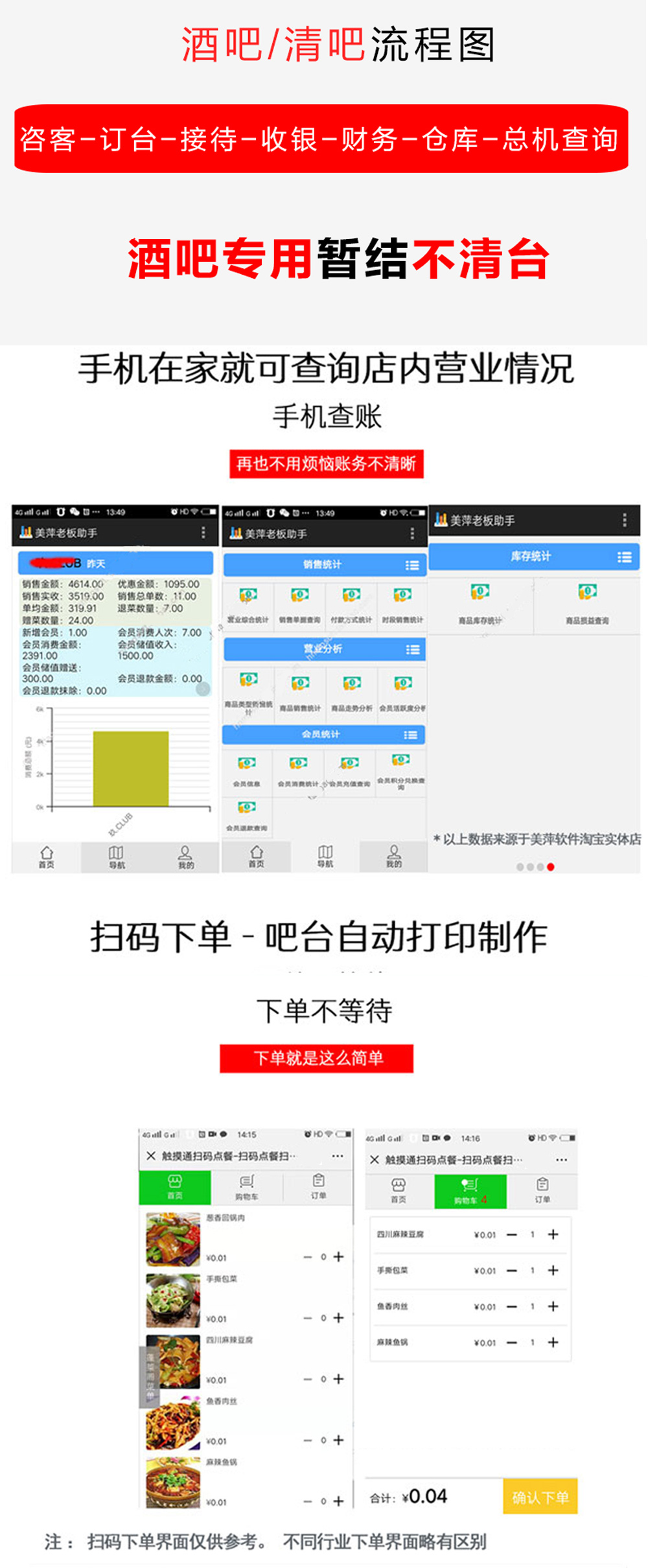 酒吧/清吧流程圖 咨客-訂臺(tái)-接待-收銀-財(cái)務(wù)-倉(cāng)庫(kù)-總機(jī)查詢 酒吧專用暫結(jié)不清臺(tái)