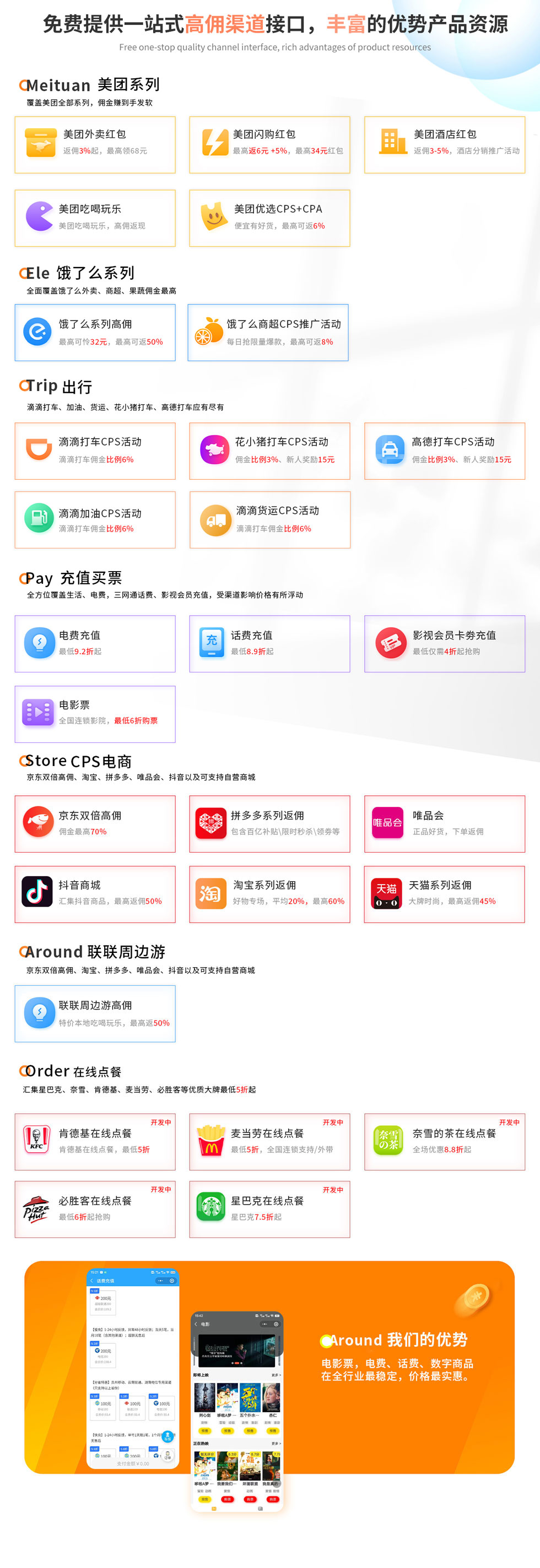 免費提供一站式高傭渠道接口，豐富的優勢產品資源 Free one-stop quality channel interface, rich advantages of product resources